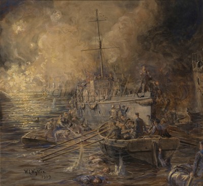 Lot 276 - WILLIAM LIONEL WYLLIE (BRITISH, 1851-1931) 'ML 282' rescuing men during the Zeebrugge Raid, 23rd April, 1918