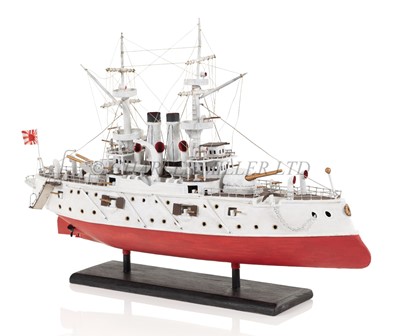 Lot 237 - A RARE PAPIER-MÂCHÉ FOLK ART MODEL FOR A JAPANESE PRE-DREADNOUGHT BATTLESHIP, PROBABLY LATE 19TH CENTURY
