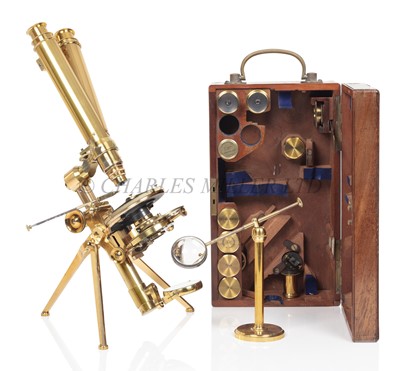 Lot 350 - A RARE AND EXTREMELY FINE COMPOUND BINOCULAR PORTABLE MICROSCOPE BY SWIFT & SON, LONDON, CIRCA 1870