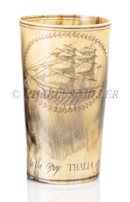 Lot 14 - A 19TH CENTURY SCRIMSHAW-DECORATED HORN BEAKER COMMEMORATING THE BRIG 'THALIA'