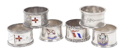 Lot 128 - SIX SILVER NAPKIN RINGS FOR ASSORTED SHIPPING COMPANIES