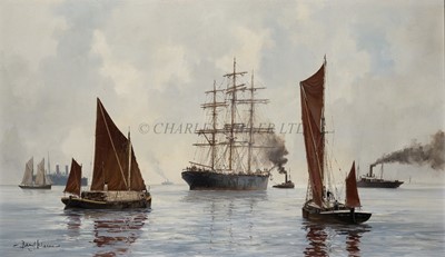 Lot 23 - δ BARRY MASON (BRITISH, B. 1947) - A barque under tow in the Thames estuary