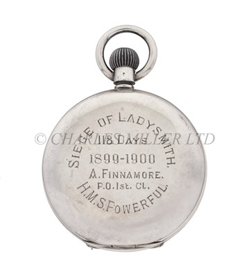 Lot 259 - A COMMEMORATIVE SILVER WATCH FROM H.M.S. 'POWERFUL' FOR THE SIEGE OF LADYSMITH, 1900