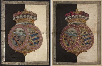 Lot 43 - TWO PAINTED SILK HATCHMENTS FROM THE STATE FUNERAL CARRIAGE OF VICE-ADMIRAL VISCOUNT NELSON, 1805