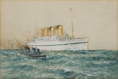 Lot 277 - WILLIAM MINSHALL BIRCHALL (BRITISH, 1884-1941) The Hospital Ship 'Britannic' with destroyer escort