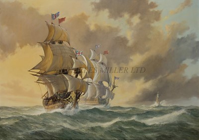 Lot 168 - δ KENNETH CARTER (BRITISH, 1928-2007) Two warships of the Royal Navy cruising off Henry Winstanley's Eddystone Rock lighthouse, c.1700
