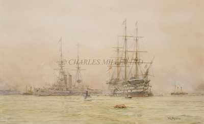 Lot 263 - WILLIAM LIONEL WYLLIE (BRITISH, 1851-1931) The old and the new: H.M.S. 'Victory' and H.M.S. 'Dreadnought' with a submarine in Portsmouth Harbour, circa 1906