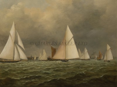 Lot 61 - JOHN MOORE OF IPSWICH (BRITISH, 1820-1902) Britannia winning the Golden Jubilee Regatta of 1895