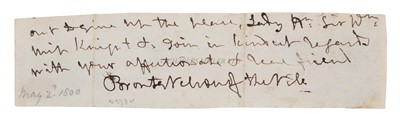 Lot 180 - A RARE NELSON SIGNATURE FROM A LETTER SIGNED BRONTE NELSON OF THE NILE, CIRCA 1798