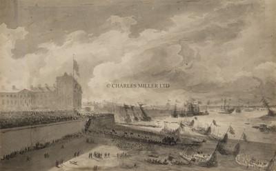 Lot 37 - FREDERICK NASH (BRITISH, 1782-1856) The river procession with Lord Nelson's catafalque waiting for the tide prior to leaving Greenwich for St. Paul's Cathedral, 8th January 1806