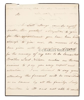 Lot 22 - A LETTER FROM NELSON’S BROTHER-IN-LAW ON BEHALF OF LADY HAMILTON REGARDING THE FUNERAL