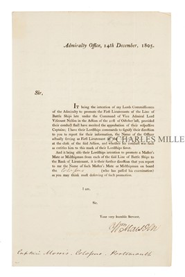 Lot 24 - AN ADMIRALTY OFFICE LETTER REGARDING SERVICE ABOARD THE COLOSSUS AT TRAFALGAR