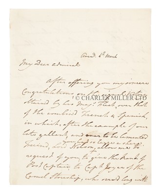 Lot 14 - A LETTER FROM ADMIRAL EARL ST VINCENT SENDING CONGRATULATIONS TO ADMIRAL LORD COLLINGWOOD