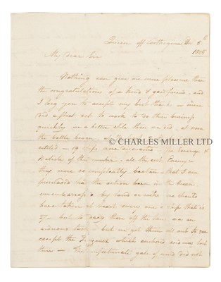 Lot 19 - A LETTER FROM ADMIRAL LORD COLLINGWOOD GIVING AN ACCOUNT OF THE BATTLE OF TRAFALGAR, 1805