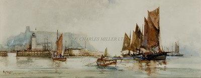 Lot 22 - δ FRANK HENRY MASON (BRITISH, 1875/76-1965) Fishermen off the entrance to Scarborough Harbour