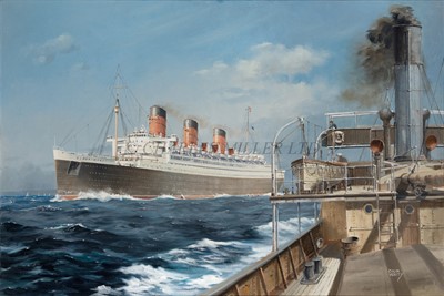 Lot 121 - δ COLIN VERITY (BRITISH, 1924-2011) The Cunard Line's R.M.S. 'Queen Mary' passing a ship of the Blue Funnel Line