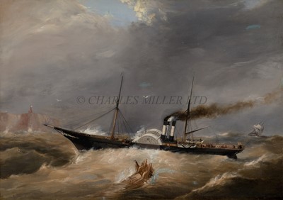 Lot 87 - CLEMENT DREW (AMERICAN, 1806-1889) A paddle steamer in a heavy swell off a rocky headland with lighthouse