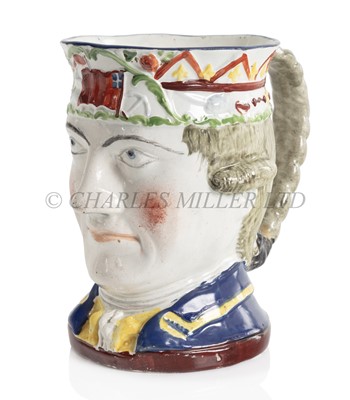 Lot 165 - A PRATTWARE ADMIRAL RODNEY MASK MUG, LATE 18TH CENTURY