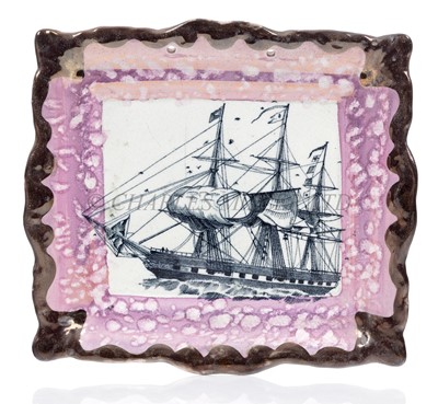 Lot 48 - A 19TH CENTURY SUNDERLAND LUSTREWARE WALL PLAQUE OF THE THREE-MASTED BLACK BALL LINE CLIPPER 'MARCO POLO'