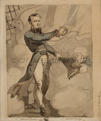 Lot 170 - CIRCLE OF LOUIS LÉOPOLD BOILLY (FRENCH, 1761-1845) - A dashing portrait of Admiral Brueys, depicted full-length on the quarterdeck of his flagship 'L’Orient', brandishing his sword