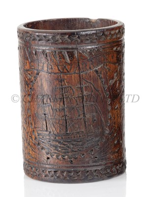 Lot 13 - A SAILOR'S FOLK ART TREEN FLOUR MEASURE OR MUG, POSSIBLY 18TH CENTURY