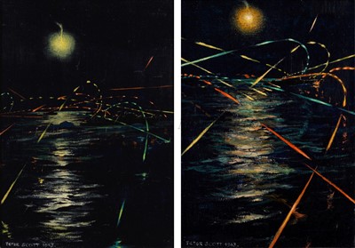 Lot 286 - δ PETER SCOTT (BRITISH, 1909-1989) Star shell and tracers. Steam gunboats in action, 1943