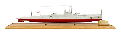Lot 120 - A DETAILED 1:85 SCALE MODEL OF THE EXPERIMENTAL CRUISER-COMMERCE RAIDER SUBMARINE H.M.S. X.1 [1923]