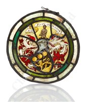 Lot 208 - A 19TH CENTURY STAINED GLASS ROUNDEL BEARING...