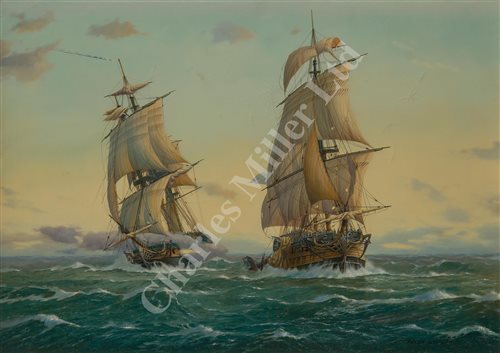 Lot 54 - δ PETER G. POWER (BRITISH, B. 1938) - A frigate action; Coming ashore