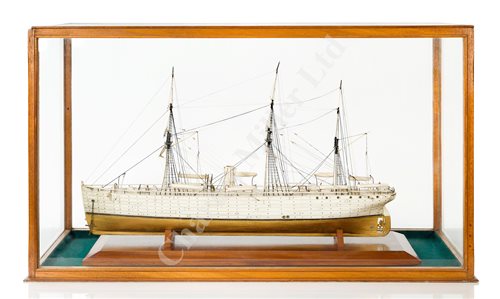 Lot 303 - A WELL PRESENTED BONE SHIP MODEL FOR A THREE-MASTED PASSENGER STEAM SHIP, CIRCA 1910