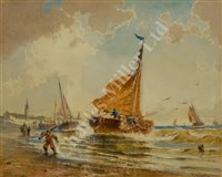 Lot 8 - FRANZ JOHANN WILHELM HÜNTEN (GERMAN, 1822-1887) - Dutch coastal scenes, a set of three