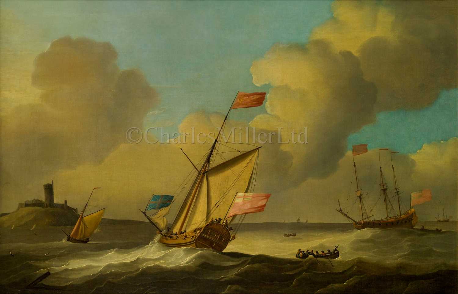 Lot 38 - PETER MONAMY (BRITISH, 1681-1749) - Two Admiralty yachts
off a coastal fortress, the 3-master riding at anchor and the cutter heading
ashore in the stiff breeze
