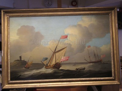 Lot 17 - PETER MONAMY (BRITISH, 1681-1749) - An Admiralty yacht escorting a Vice Admiral of the Red off a coast