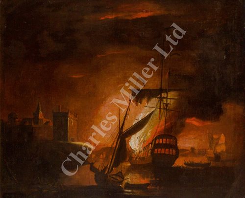 Lot 42 - PETER MONAMY (BRITISH, 1681-1749) - A ship on fire at night