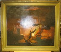 Lot 16 - PETER MONAMY (BRITISH, 1681-1749) - A ship on fire at night
