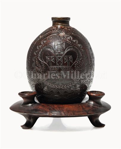 Lot 98 - AN EARLY 19TH-CENTURY CARVED COCONUT FLASK AND...