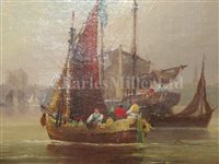 Lot 12 - ÉMILE MAILLARD (FRENCH, 1846-1926) - A Hamburg trading brig off the French coast; French harbour scene with shipping