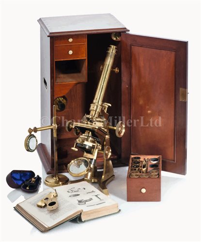 Lot 235 - A FINE LACQUERED BRASS MONOCULAR MICROSCOPE