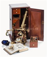 Lot 235 - A FINE LACQUERED BRASS MONOCULAR MICROSCOPE BY...