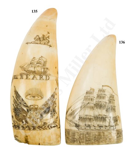 Lot 135 - Ø A 19TH CENTURY SAILORWORK SCRIMSHAW DECORATED WHALE'S TOOTH