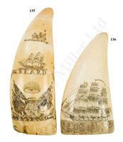 Lot 135 - Ø A 19TH CENTURY SAILORWORK SCRIMSHAW DECORATED WHALE'S TOOTH