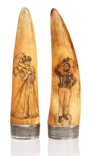 Lot 103 - Ø A PAIR OF SILVER-MOUNTED SCRIMSHAW DECORATED...