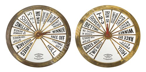 Lot 140 - A RARE, POSSIBLY UNIQUE, PAIR OF CHADBURN TELEGRAPH DECK RACE INDICATORS, THOUGHT TO BE FROM THE R.M.S. AQUITANIA, CIRCA 1920