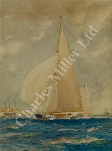 Lot 31 - δ ATTRIBUTED TO FRANK HENRY MASON (BRITISH, 1875-1965) - 'Britannia' leading 'Shamrock' off Cowes with the R.Y. 'Victoria & Albert III' in the distance