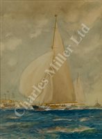 Lot 31 - δ ATTRIBUTED TO FRANK HENRY MASON (BRITISH, 1875-1965) - 'Britannia' leading 'Shamrock' off Cowes with the R.Y. 'Victoria & Albert III' in the distance