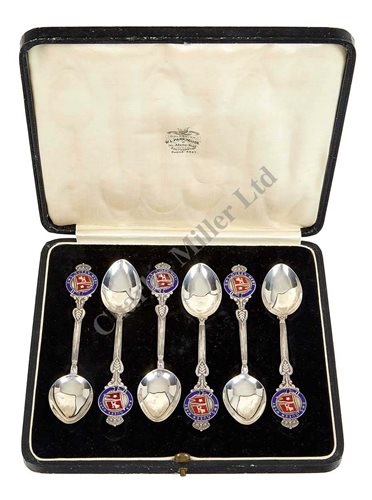 Lot 159 - A SET OF SILVER AND ENAMEL TEASPOONS FROM...