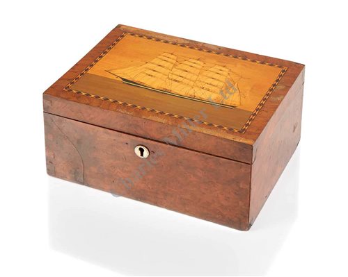 Lot 186 - A 19TH-CENTURY MARQUETRY MARINE WORK BOX<br/>the...