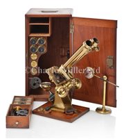 Lot 235 - A LACQUERED BRASS BINOCULAR MICROSCOPE BY...
