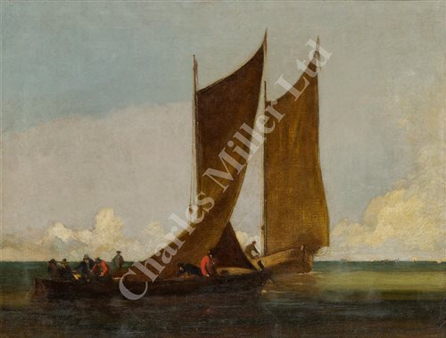 Lot 15 - δ CHARLES KNIGHT (BRITISH, 1901-1990) - Seascape with fishing boats