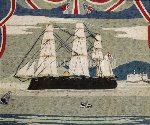 Lot 114 - A SAILOR'S WOOLWORK PICTURE OF AN IRONCLAD,...